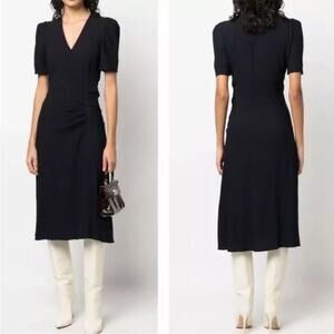 BA&SH Oya Wool Blend Dark Blue V Neck Short Sleeve Faux Wrap Office Midi Dress M